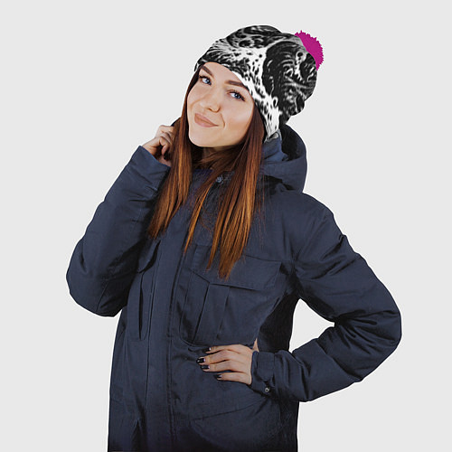 Шапка c помпоном Черно-белые волны / 3D-Малиновый – фото 2