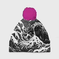 Шапка с помпоном Черно-белые волны, цвет: 3D-малиновый