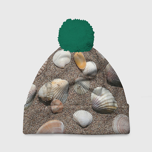 Шапка c помпоном Композиция из ракушек на песке / 3D-Зеленый – фото 1