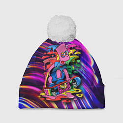 Шапка с помпоном Скейтбордист Барт Симпсон на фоне разноцветных кля, цвет: 3D-белый