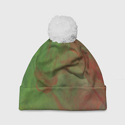 Шапка с помпоном Зелёные и красные волны красок, цвет: 3D-белый