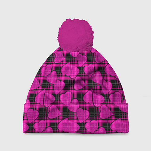 Шапка c помпоном Black and pink hearts pattern on checkered / 3D-Малиновый – фото 1