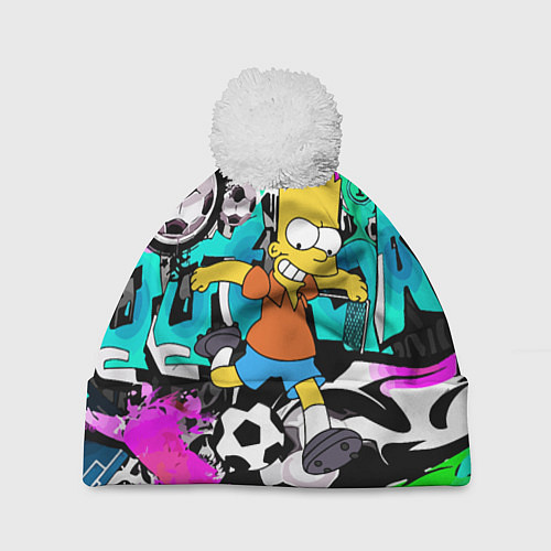 Шапка c помпоном Барт Симпсон - центр-форвард на фоне граффити / 3D-Белый – фото 1