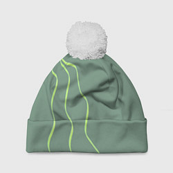 Шапка c помпоном Абстрактные зеленые линии на фоне цвета хаки