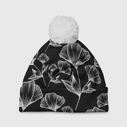 Шапка c помпоном Графичные цветы на черном фоне / 3D-Белый – фото 1