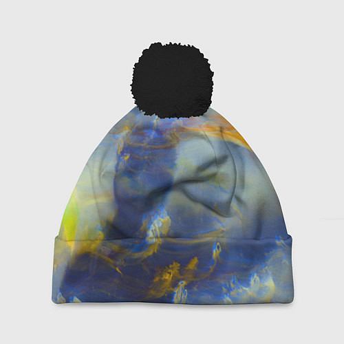 Шапка c помпоном Абстрактные мазки красок и силуэт - Синий / 3D-Черный – фото 1