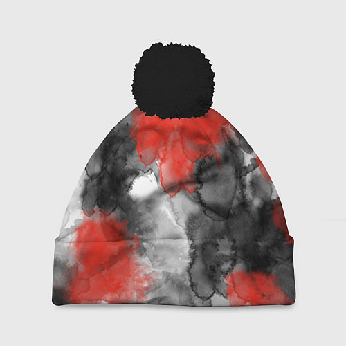 Шапка c помпоном Черно-красная абстрактная текстура акварели / 3D-Черный – фото 1