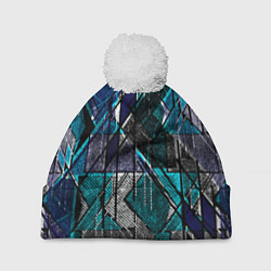 Шапка с помпоном Сине - черная гранжевая абстракция, цвет: 3D-белый