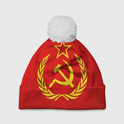 Шапка с помпоном СССР - старый флаг, цвет: 3D-белый