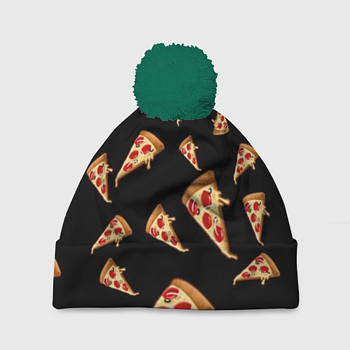 Шапка c помпоном Куски пиццы на черном фоне / 3D-Зеленый – фото 1