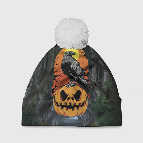 Шапка c помпоном Ворон, сидящий на тыкве - Halloween / 3D-Белый – фото 1
