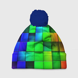 Шапка с помпоном Цветные неоновые кубы, цвет: 3D-тёмно-синий