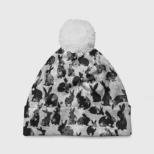 Шапка c помпоном Черные новогодние кролики / 3D-Белый – фото 1