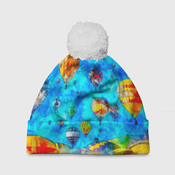 Шапка с помпоном Воздушные шары на фоне голубого неба рисунок, цвет: 3D-белый