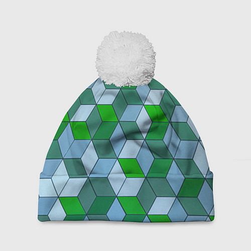 Шапка c помпоном Зелёные и серые абстрактные кубы с оптической иллю / 3D-Белый – фото 1