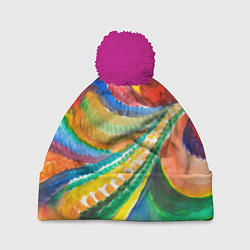 Шапка с помпоном Райская птичка акварельная абстракция, цвет: 3D-малиновый