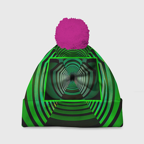 Шапка c помпоном Зелёный туннель - оптическая иллюзия / 3D-Малиновый – фото 1