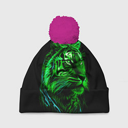 Шапка c помпоном Нейросеть: неоновый зелёный тигр