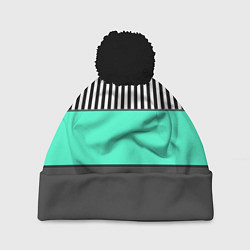 Шапка с помпоном Полосатый зеленый с черным и белым узор, цвет: 3D-черный