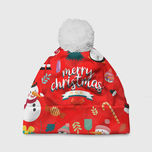Шапка c помпоном Merry christmas art / 3D-Белый – фото 1
