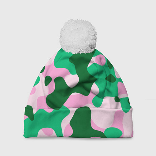 Шапка c помпоном Абстрактные зелёно-розовые пятна / 3D-Белый – фото 1
