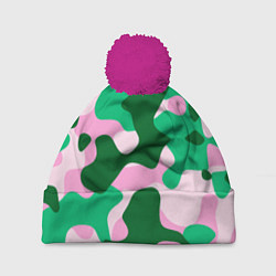 Шапка с помпоном Абстрактные зелёно-розовые пятна, цвет: 3D-малиновый