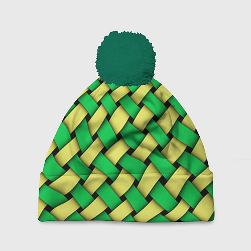 Шапка c помпоном Жёлто-зелёная плетёнка - оптическая иллюзия / 3D-Зеленый – фото 1