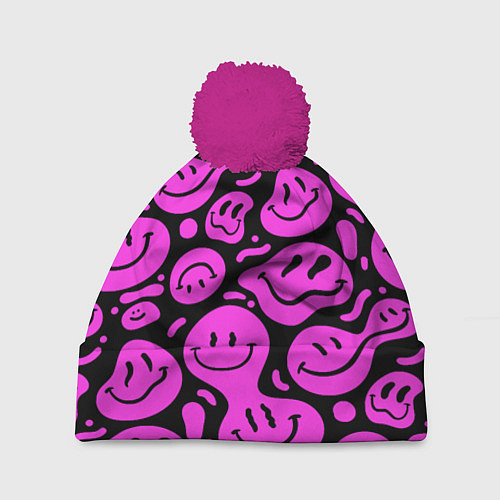 Шапка c помпоном Кислотный розовый в смайликах / 3D-Малиновый – фото 1