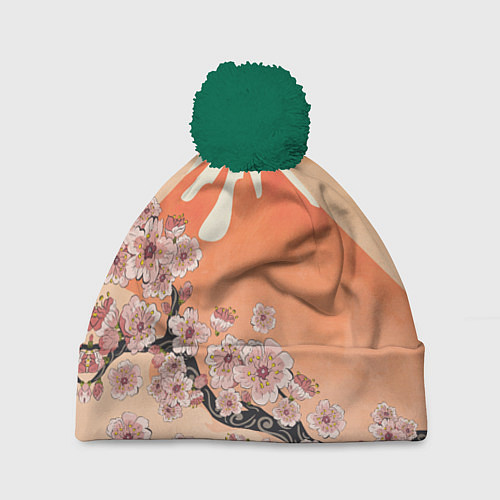 Шапка c помпоном Ветка цветущей сакуры и вулкан / 3D-Зеленый – фото 1