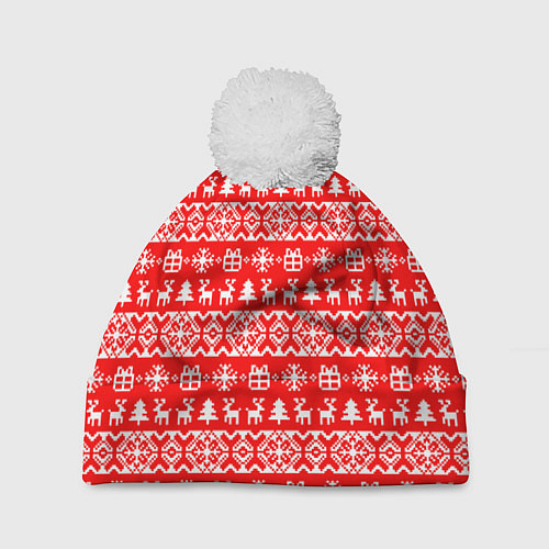 Шапка c помпоном New Years winter pattern / 3D-Белый – фото 1