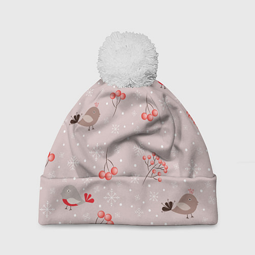 Шапка c помпоном Птицы снегири и зимние ягоды / 3D-Белый – фото 1