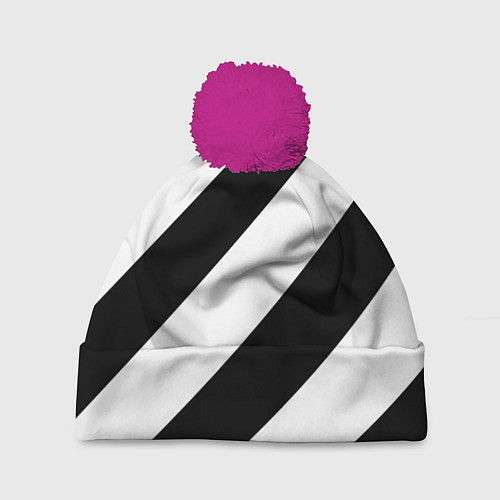 Шапка c помпоном Черно-белые полосы / 3D-Малиновый – фото 1
