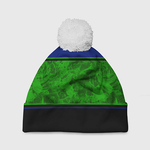 Шапка c помпоном Синие, неоновые зеленые мраморные и черные полосы / 3D-Белый – фото 1