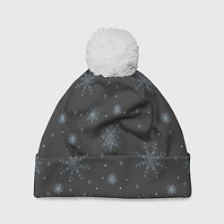 Шапка с помпоном Новогодние снежинки на сером фоне, цвет: 3D-белый