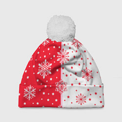 Шапка с помпоном Рождественские снежинки на красно-белом фоне, цвет: 3D-белый