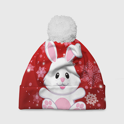 Шапка c помпоном Весёлый кролик в снежинках / 3D-Белый – фото 1