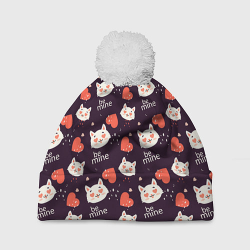 Шапка c помпоном Паттерн котика на темном фоне / 3D-Белый – фото 1