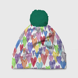 Шапка с помпоном Разноцветные сердечки Калейдоскоп, цвет: 3D-зеленый