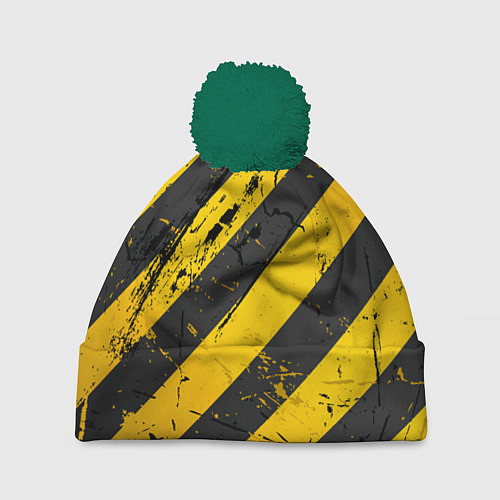 Шапка c помпоном WARNING - желто-черные полосы / 3D-Зеленый – фото 1