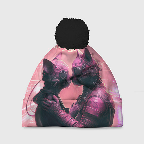 Шапка c помпоном Влюбленные кибер-котики / 3D-Черный – фото 1