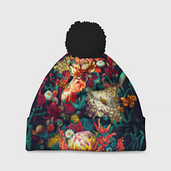 Шапка с помпоном Цветочный паттерн с цветами и листьями, цвет: 3D-черный