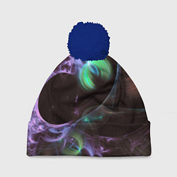 Шапка с помпоном Магические фиолетовые волны и цветные космические, цвет: 3D-тёмно-синий