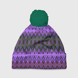 Шапка с помпоном Серо-фиолетовый этнический геометрический узор, цвет: 3D-зеленый
