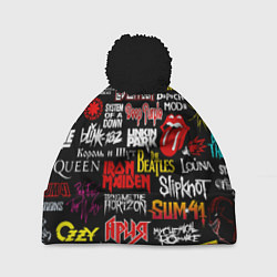 Шапка с помпоном Логотипы рок групп цветные, цвет: 3D-черный