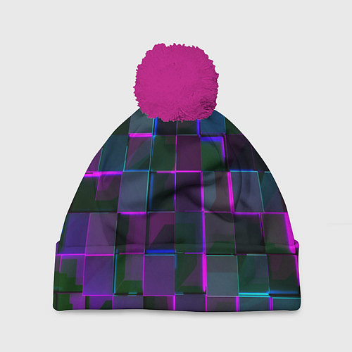 Шапка c помпоном Неоновые линии и кубы / 3D-Малиновый – фото 1