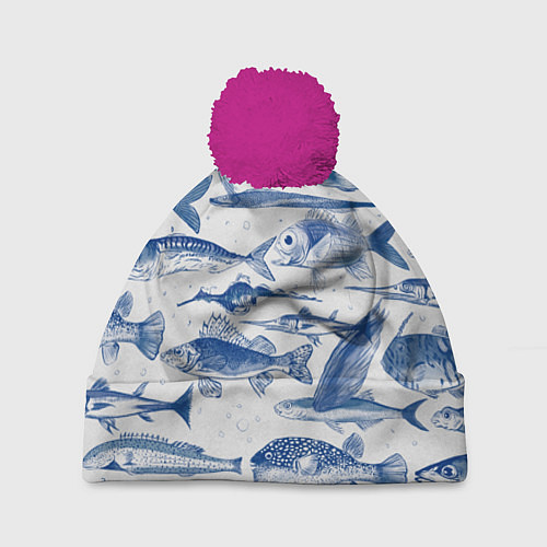 Шапка c помпоном Морские рыбы / 3D-Малиновый – фото 1