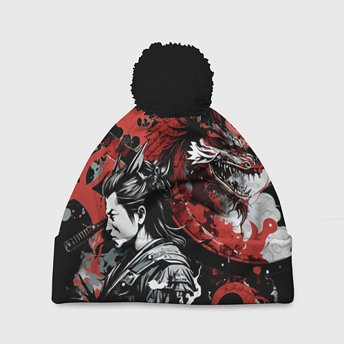 Шапка c помпоном Японский самурай с драконом / 3D-Черный – фото 1