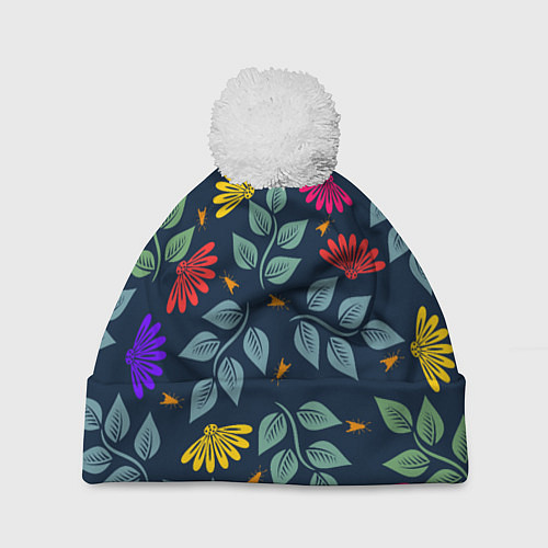 Шапка c помпоном Листья и цветы / 3D-Белый – фото 1