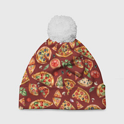 Шапка с помпоном Кусочки пиццы ассорти - акварельный паттерн, цвет: 3D-белый