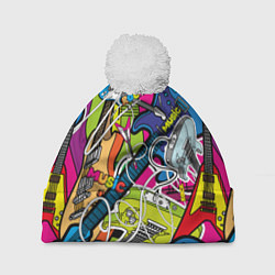 Шапка с помпоном Guitars - pop art pattern, цвет: 3D-белый